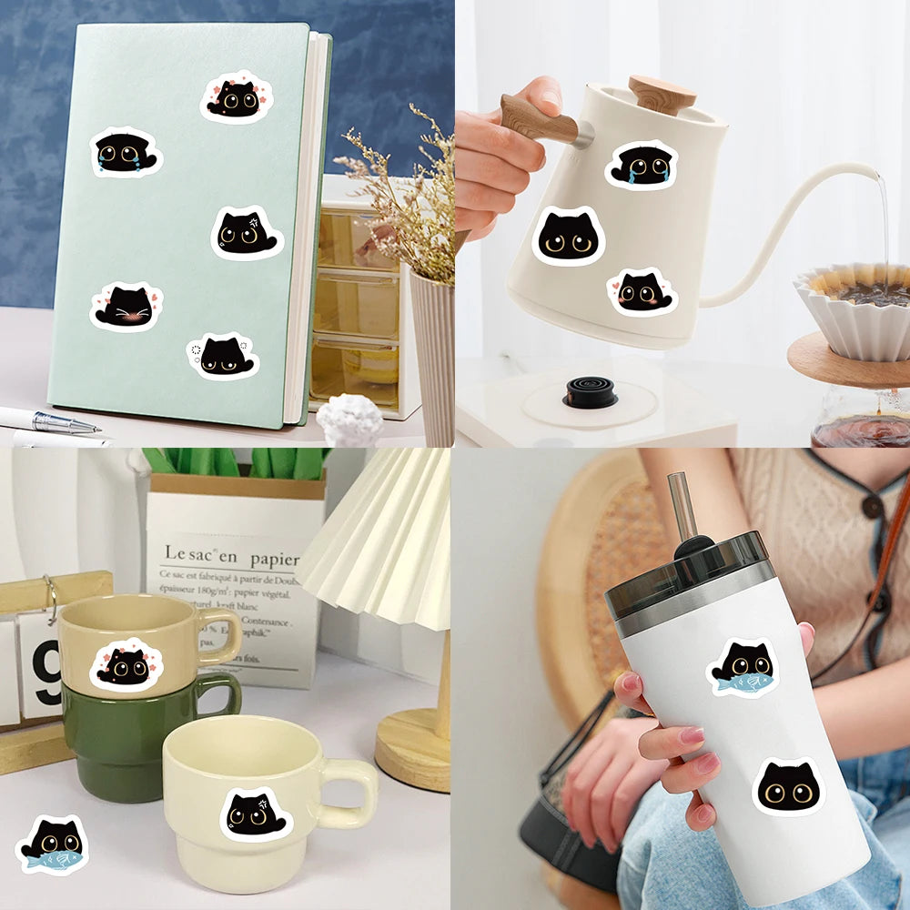 500pcs/roll Cute Cartoon Animal Black Cat Stickers Kids Students Reward Decals Luggage Laptop Phone Vinyl Sticker (10 Patterns)