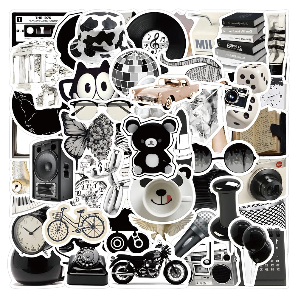 Black White Cartoon Stickers Waterproof Decals for Laptop Phone Suitcase Car