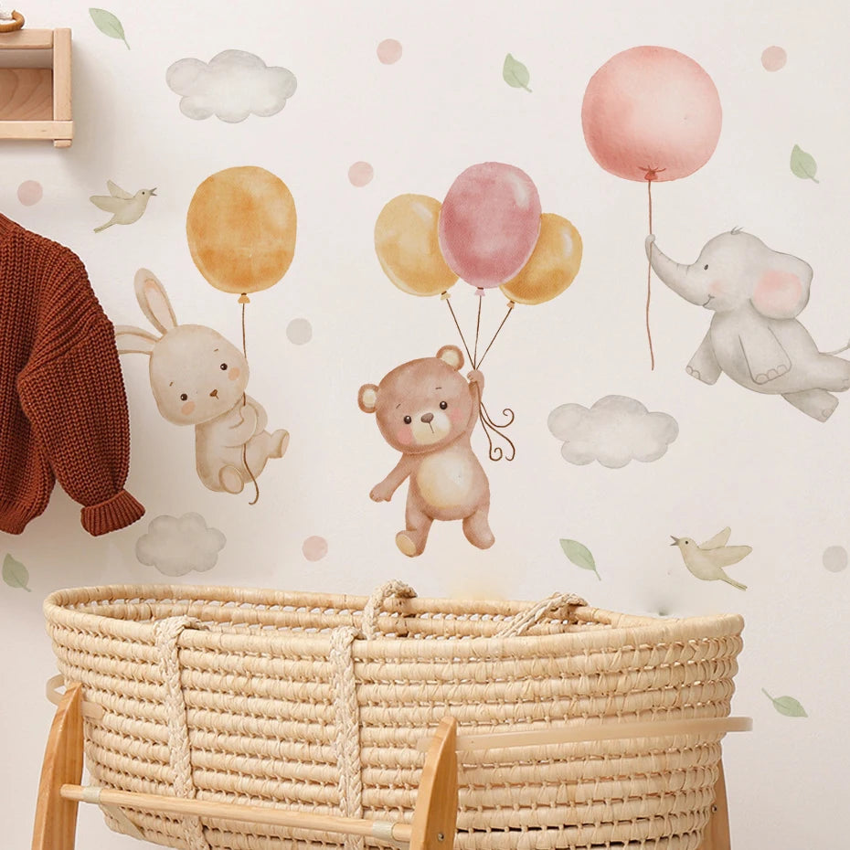 Bear Rabbit Balloon Cloud Nursery Wall Decals Removable Posters Kids Room Decor