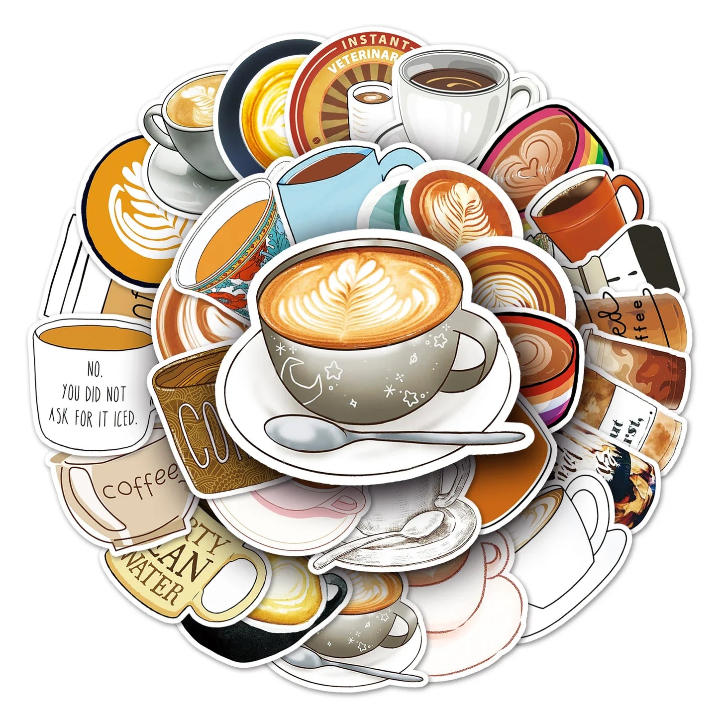 50Pcs Coffee Cartoon Waterproof Vinyl Stickers for Skateboard Snowboard Decal
