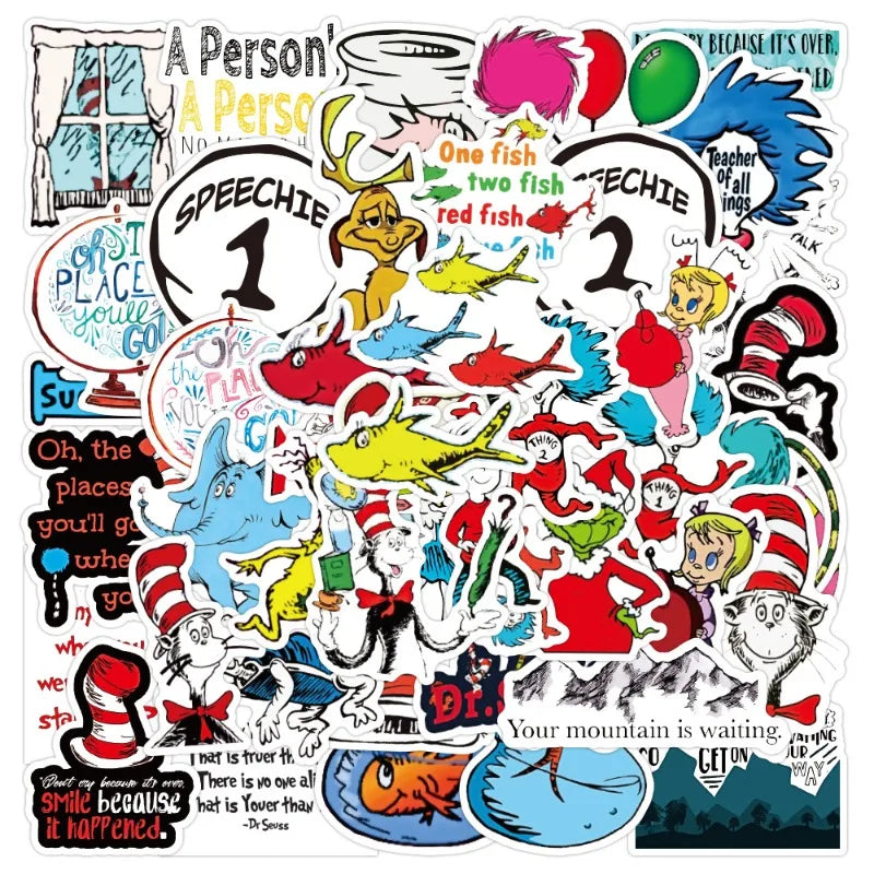 50pcs Dr. Seuss Cartoon Stickers for Laptop, Phone, Scooter, Suitcase, Water Bottle, Refrigerator