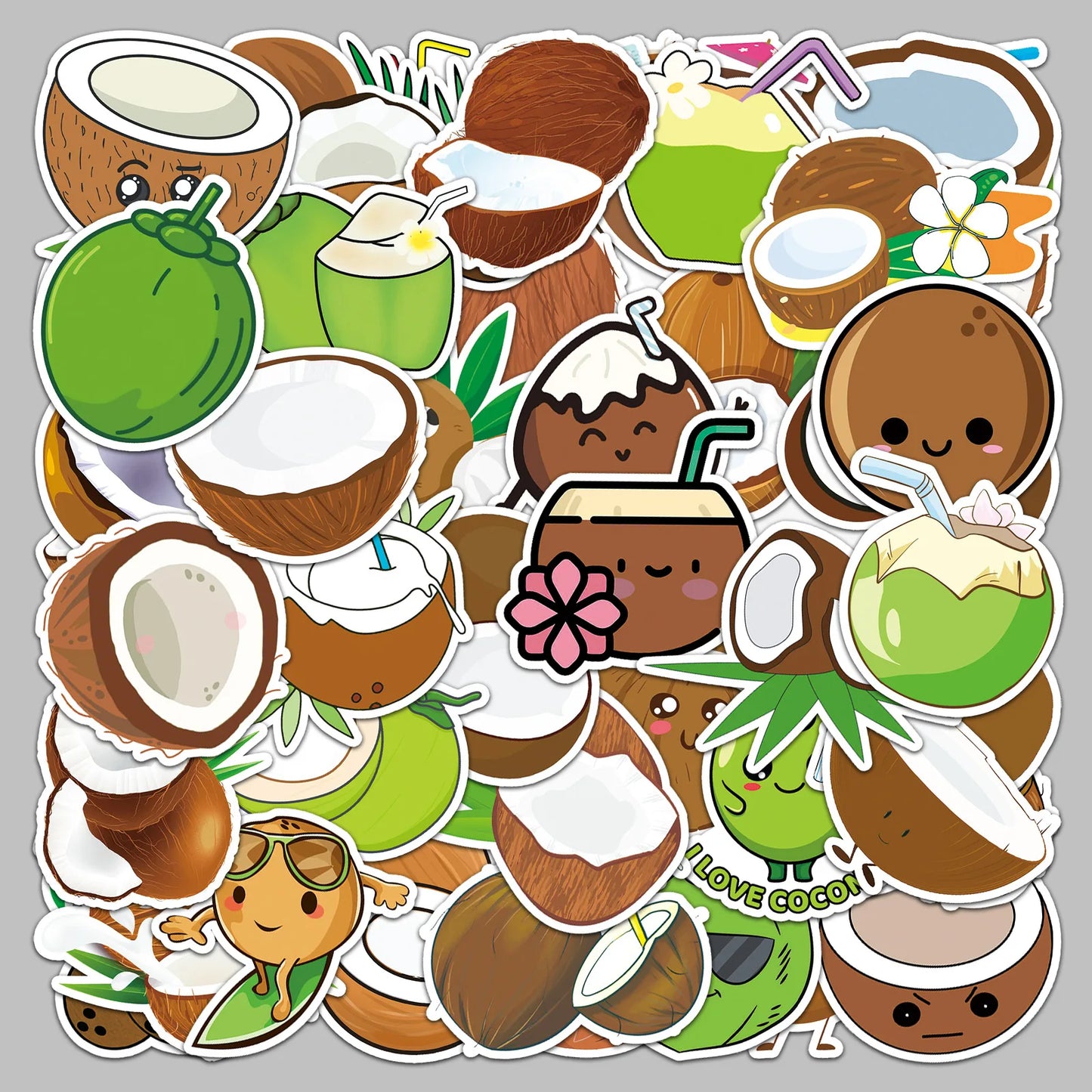 50pcs Cute Coconut Graffiti Stickers for Helmet, Wall, DIY Decoration