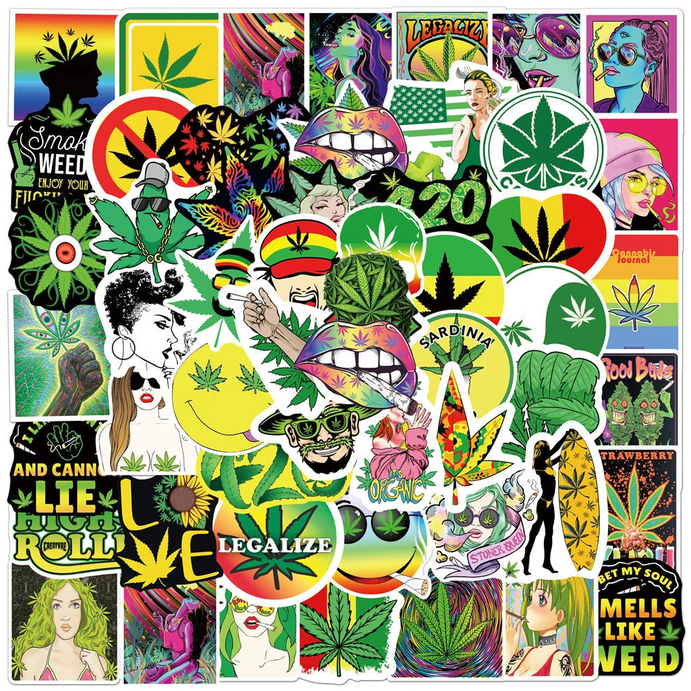 Weed Leaf Cartoon Stickers 10/30/50/100PCS for Skateboard, Phone, Laptop, Bike, Car, Fridge
