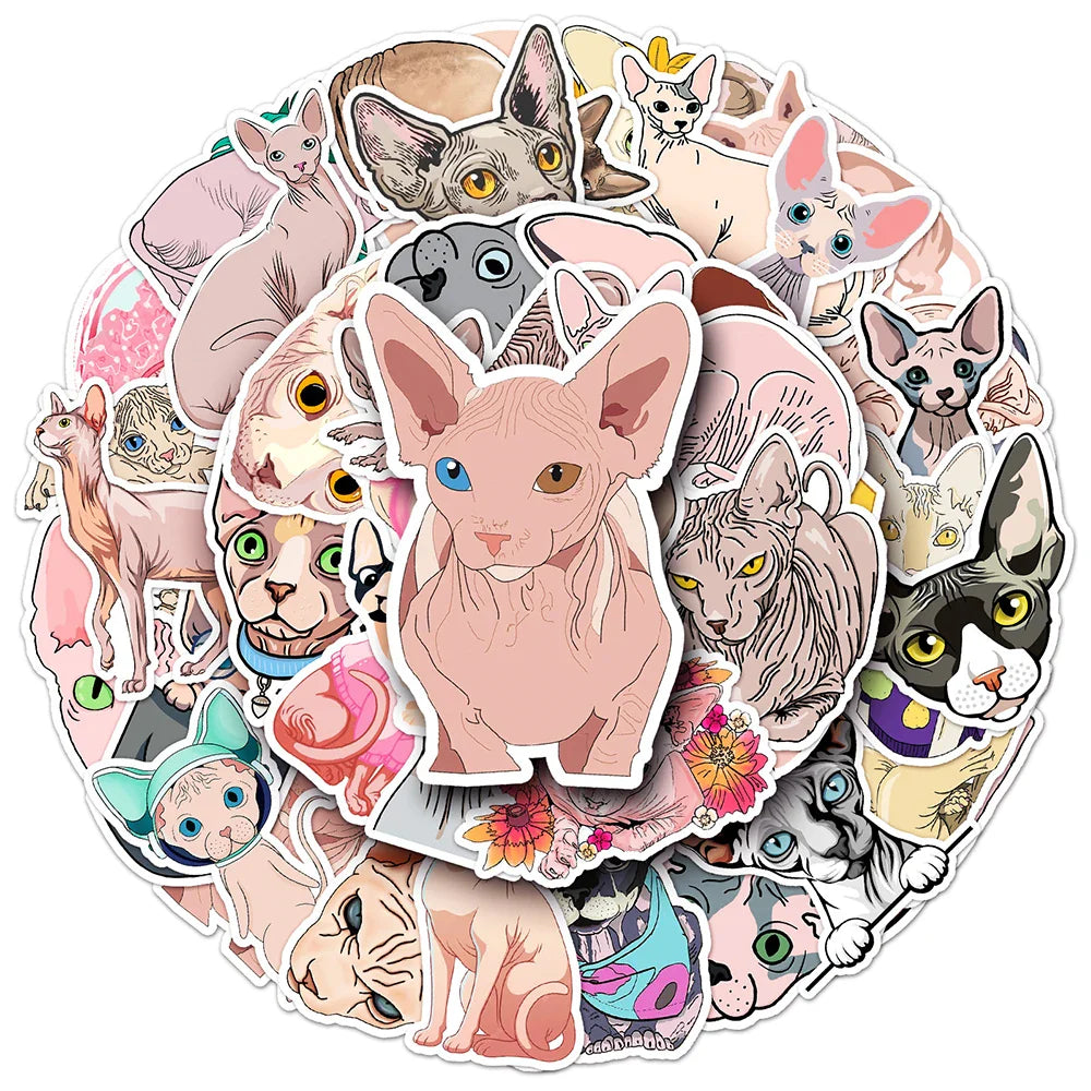 Sphynx Cat Stickers Pack - Cute Animal Decals for Kids, DIY, Laptop, Scrapbook, Guitar, Suitcase, Car