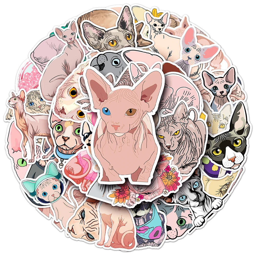 Sphynx Cat Stickers Pack - Cute Animal Decals for Kids, DIY, Laptop, Scrapbook, Guitar, Suitcase, Car
