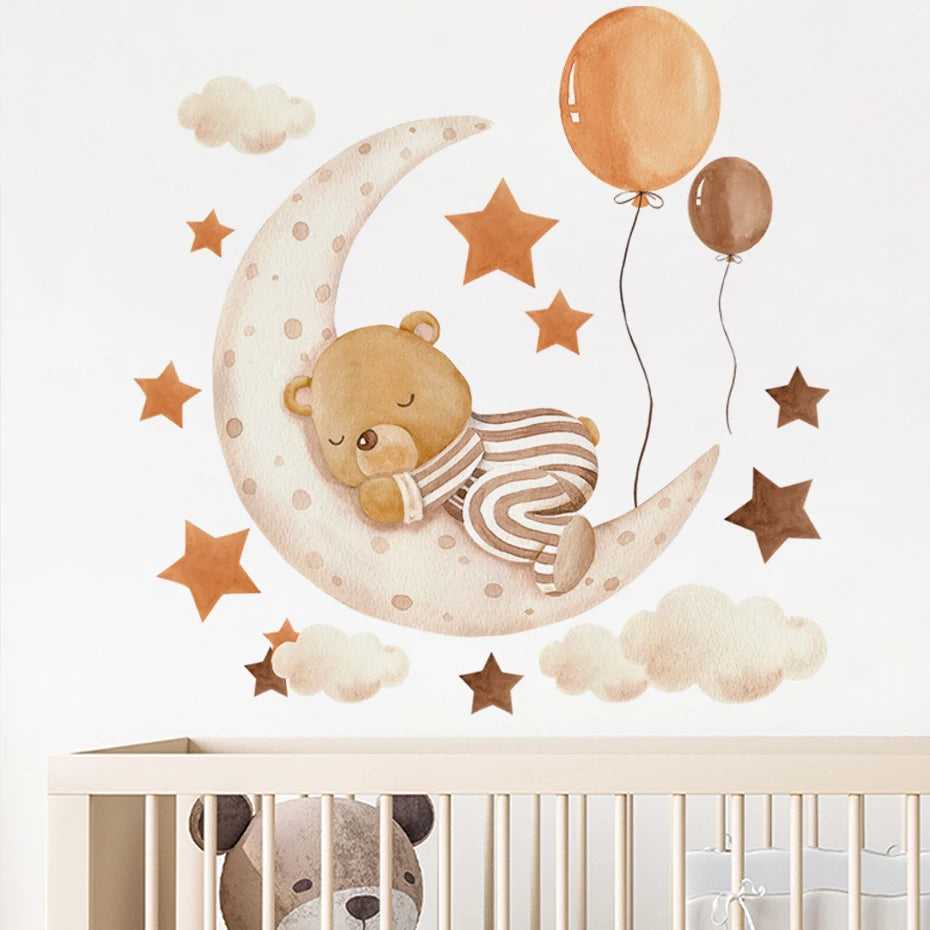 Cartoon Sleeping Bear Moon Star Wall Sticker for Kids Room Decoration