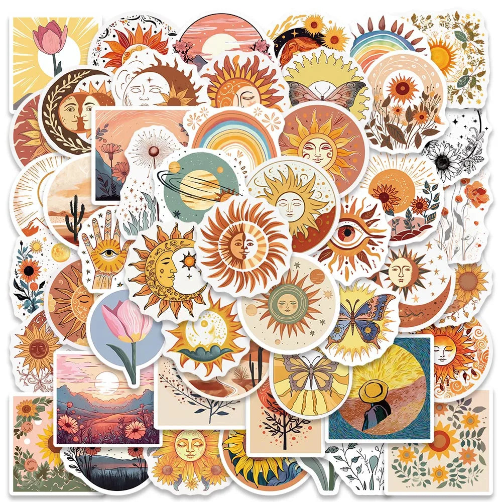 50PCS Boho Moon Sun Flower Stickers Waterproof Decals for Laptop Scrapbooking