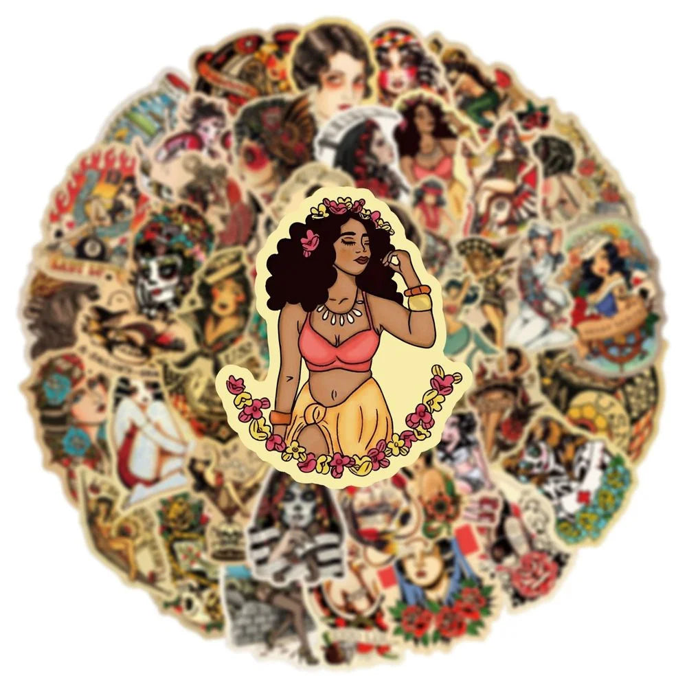 50/100Pcs Retro Old School Tattoo Style Sticker Refrigerator Skateboard Trolley Case Decals Backpack Tables Waterproof Sticker