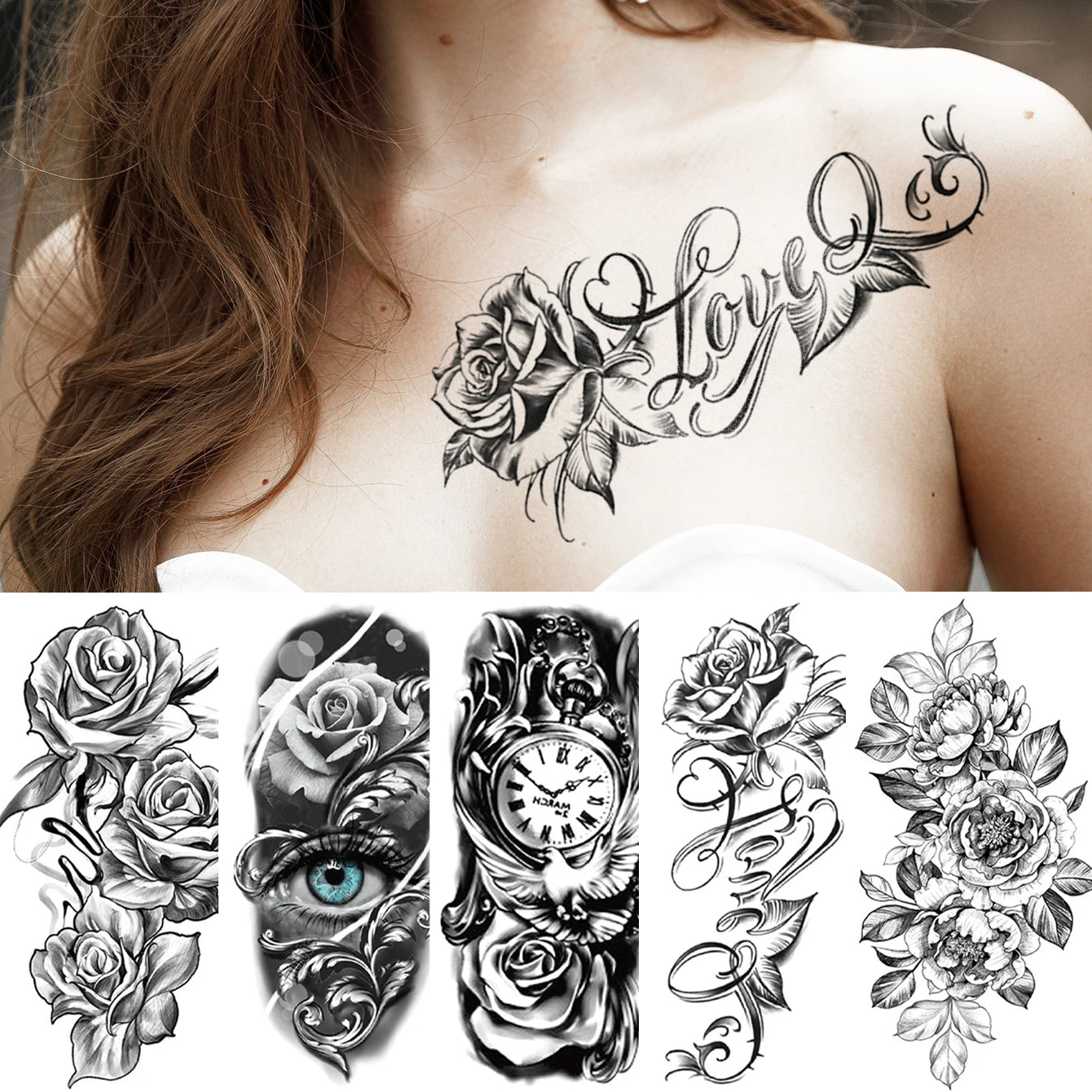 5pcs Waterproof Temporary Tattoo Stickers: Lion, Flower, Wolf, Rose, Tiger