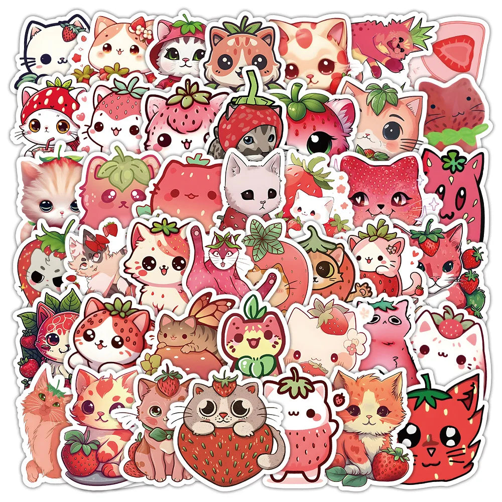 Strawberry Cat Stickers Kawaii Waterproof Decals for Phone, Bike, Car, Notebook