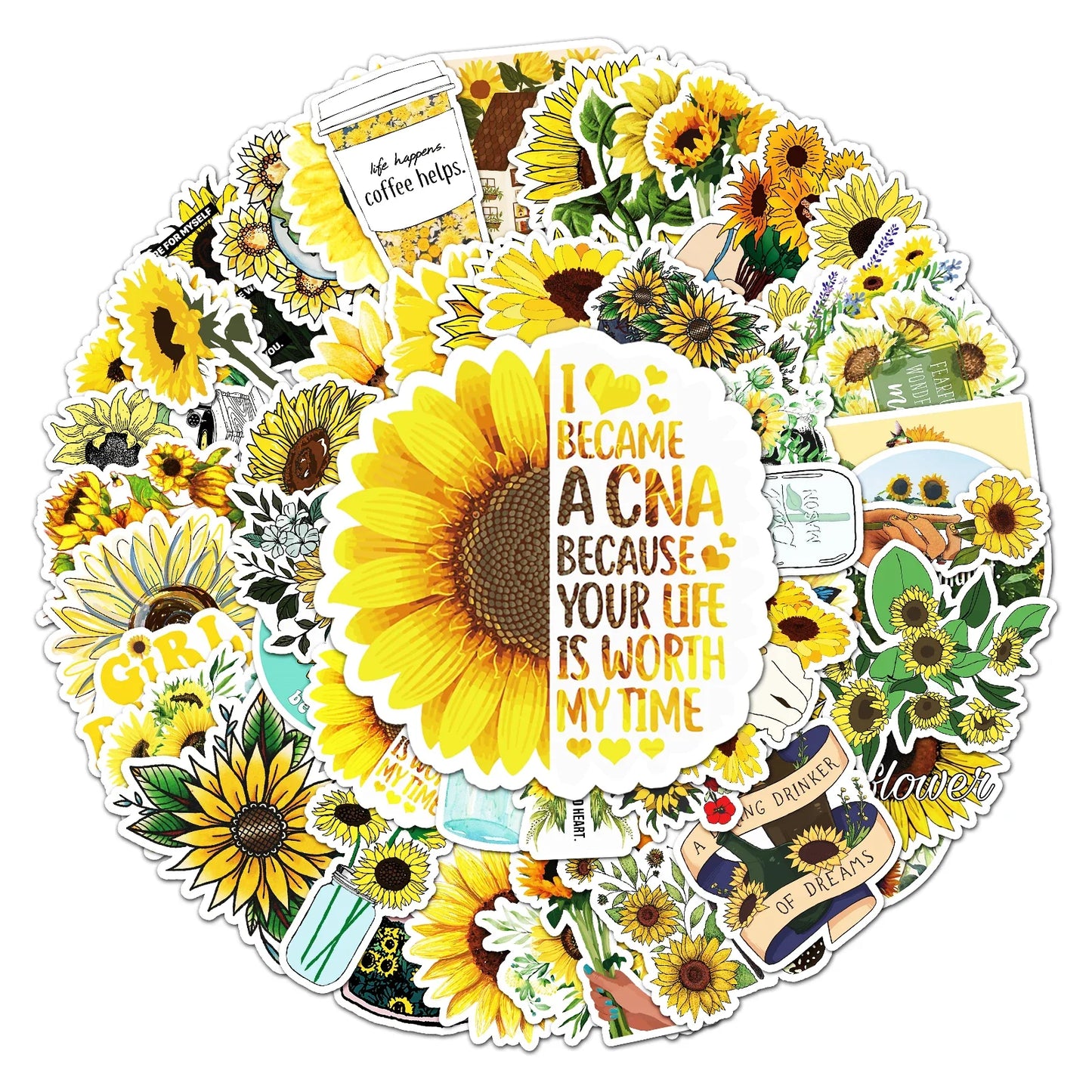 50Pcs Sunflower Cartoon Waterproof Vinyl Stickers for Skateboard Snowboard Decals
