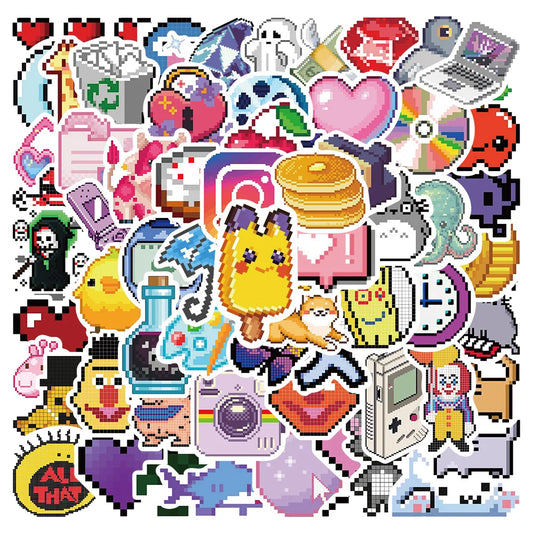 64pcs Cute Pink Pixel Cartoon Stickers for Bike, Luggage, Laptop - Waterproof, DIY, Kid Toy