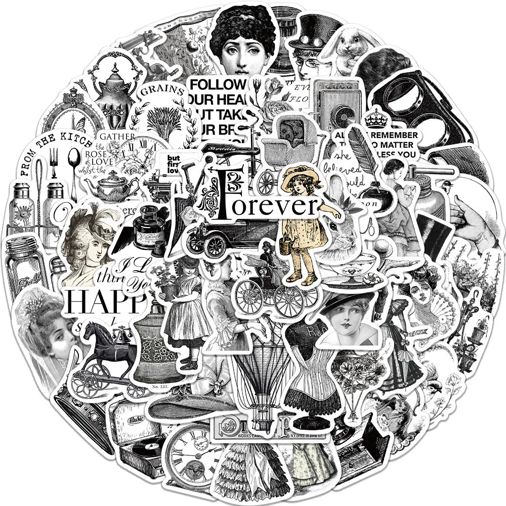 Black White Retro Cartoon Stickers Decals DIY Scrapbook Laptop Guitar Suitcase Car 64PCS