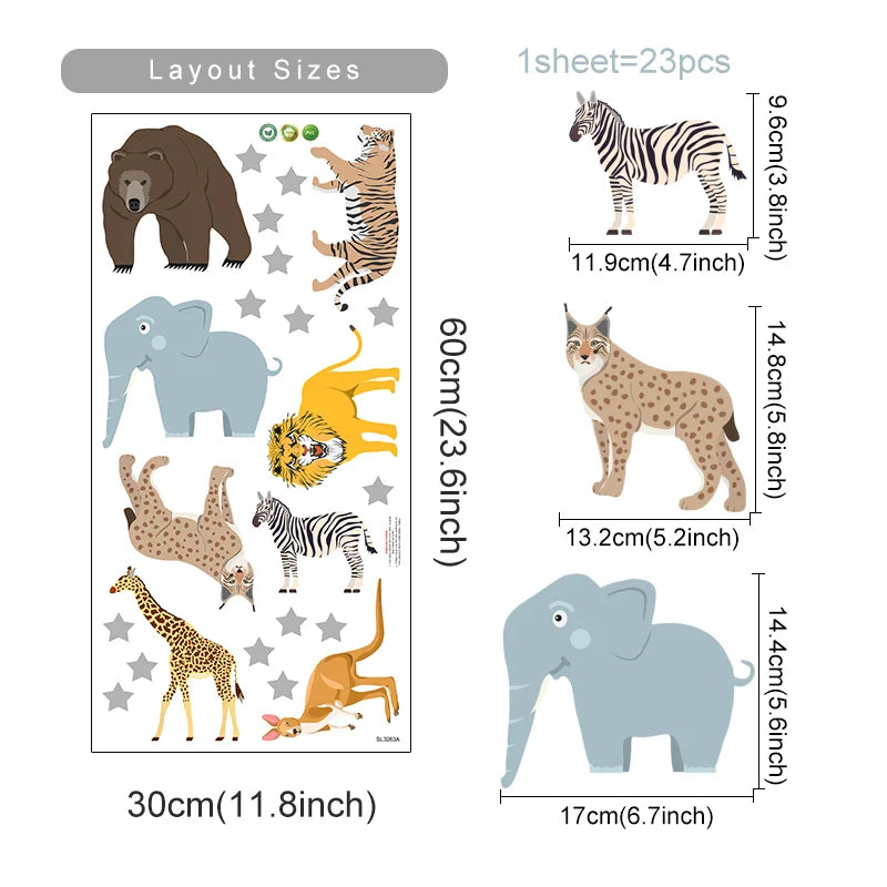 Cartoon African Animal Wall Stickers for Kids Nursery Decor Removable PVC Decals