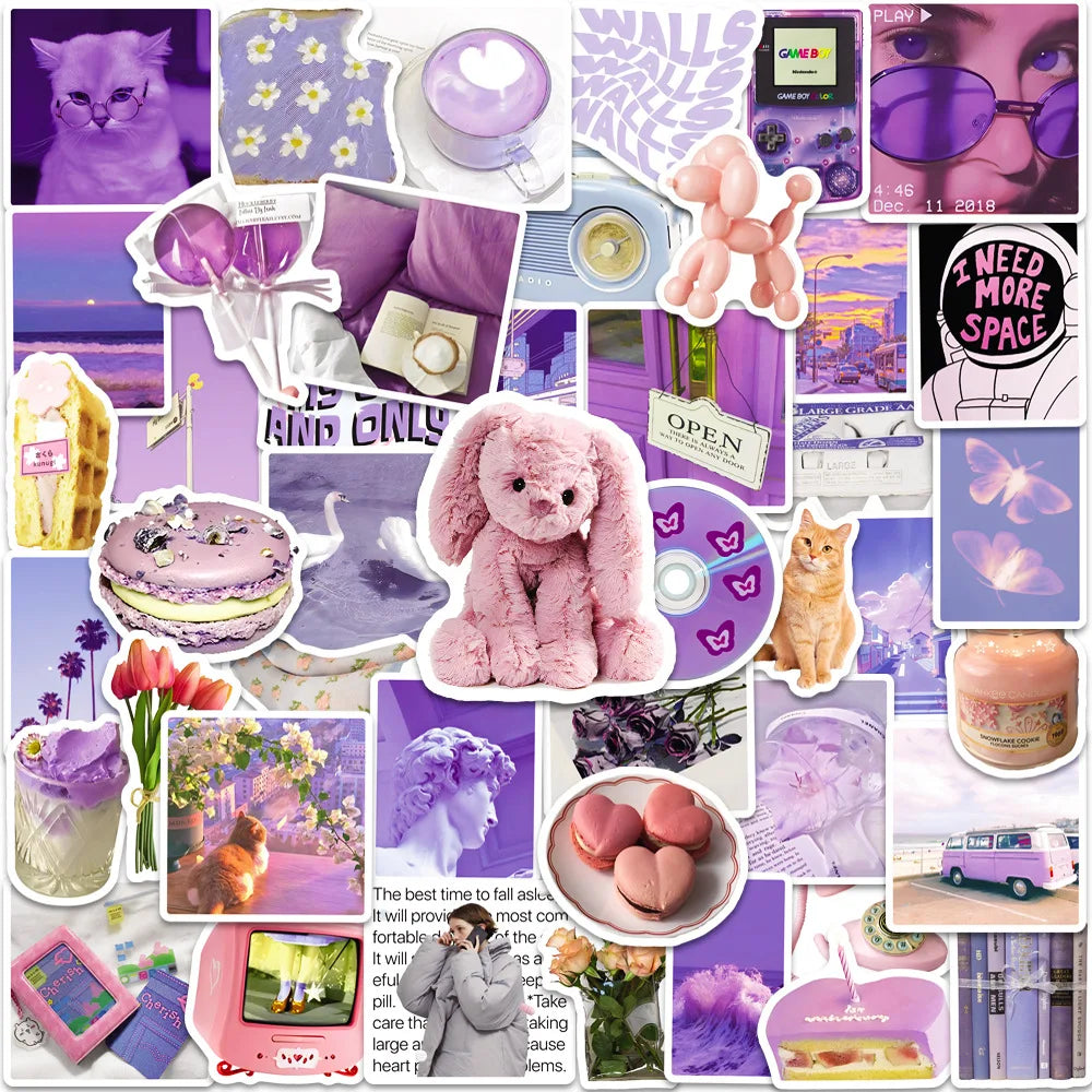 Cute Purple Cat Stickers 10/30/50pcs Aesthetic Cartoon Decals for Phone, Fridge, Skateboard, Helmet, Car
