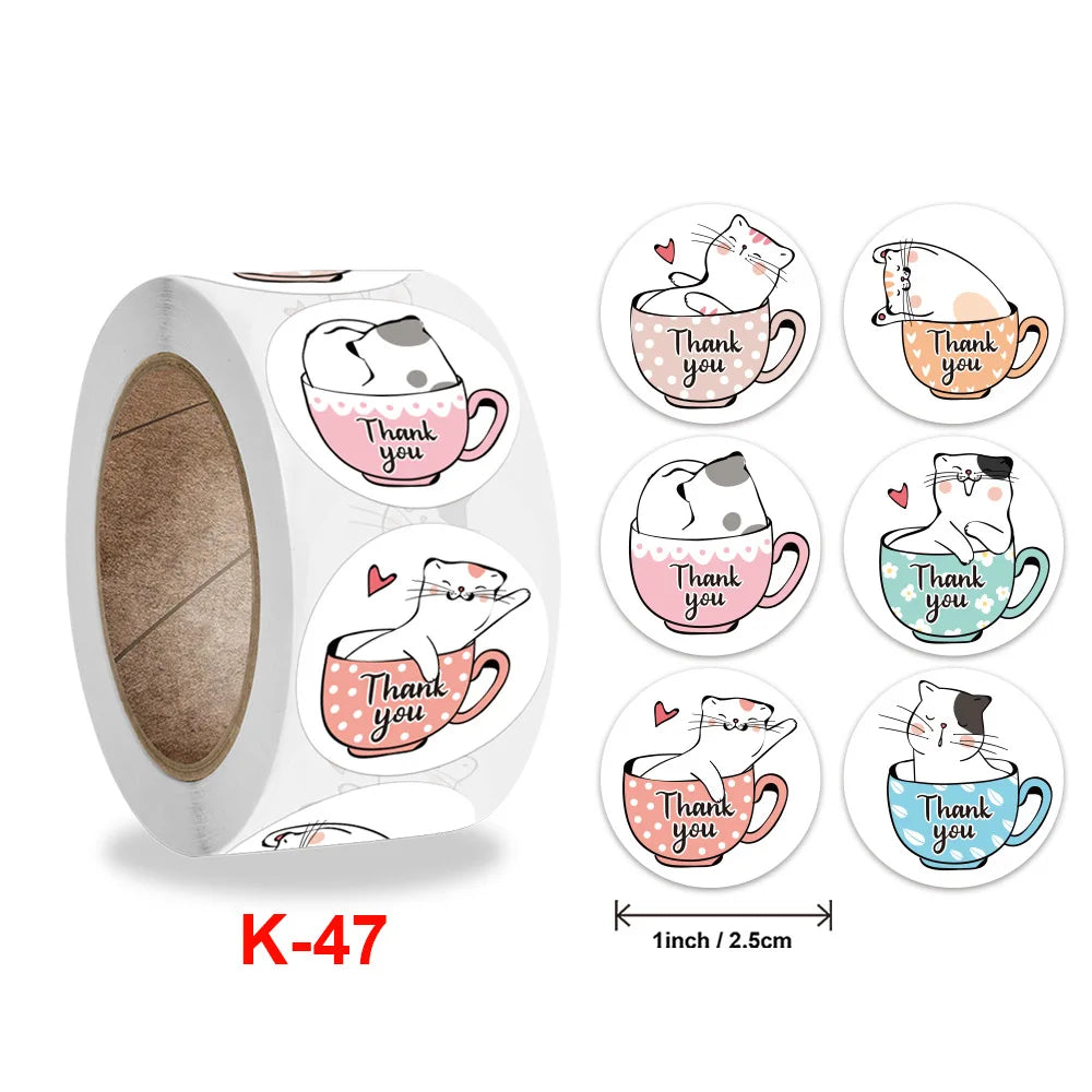 100-500 Pcs Roll 1-1.5inch Round White Decorative Gift Thank You Stickers Cartoon Hand-painted Cat Sealing Sticker Stationery