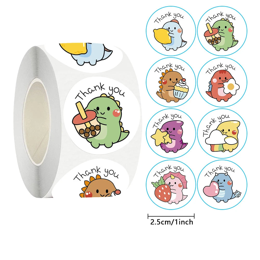 1 Inch Dinosaur Thank You Stickers - 50/100/500pcs Labels for Packaging, Gifts, Baking, Decor
