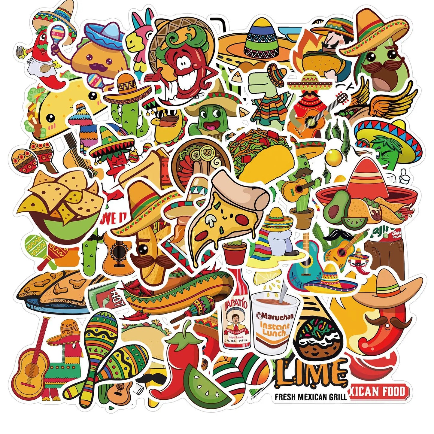 50pcs Mexican Food Graffiti Stickers for Helmet, Wall, DIY Decoration
