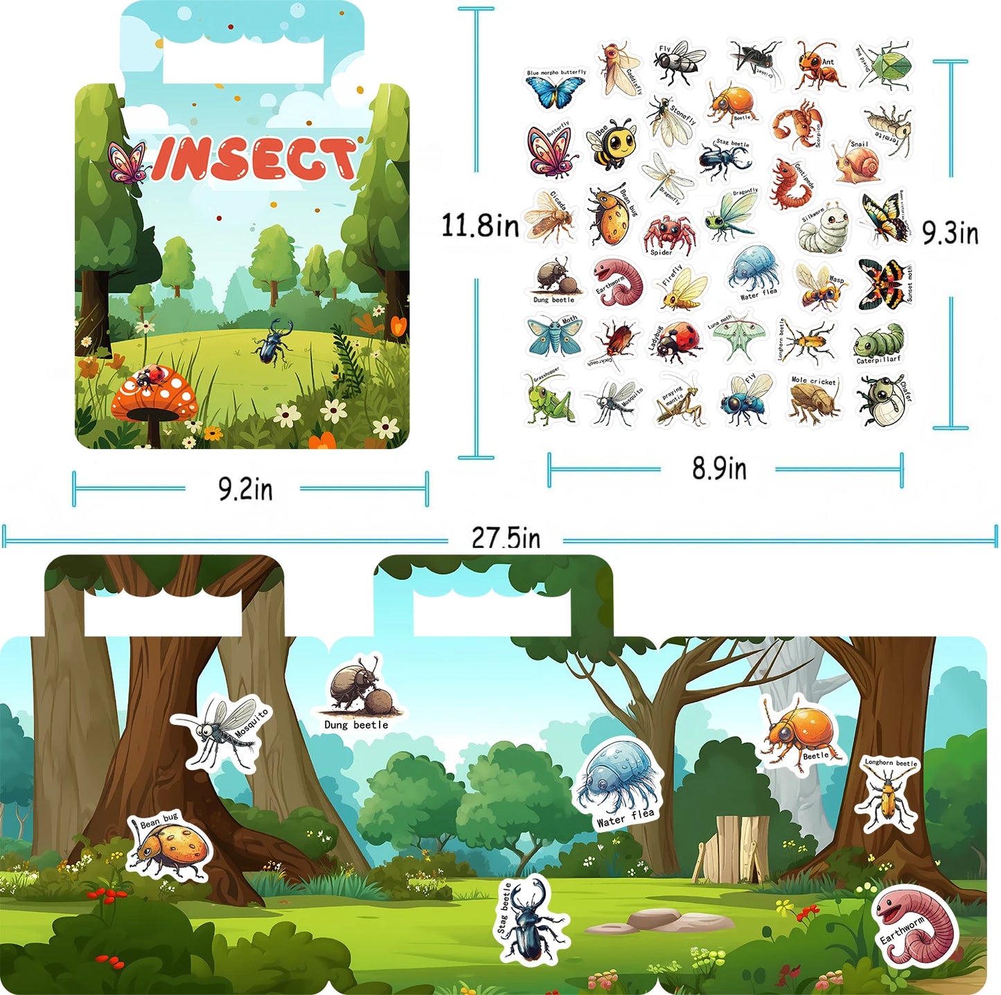 40PCS Insect Reusable Stickers Puzzle Game Cartoon Animal Learning Toys for Kids