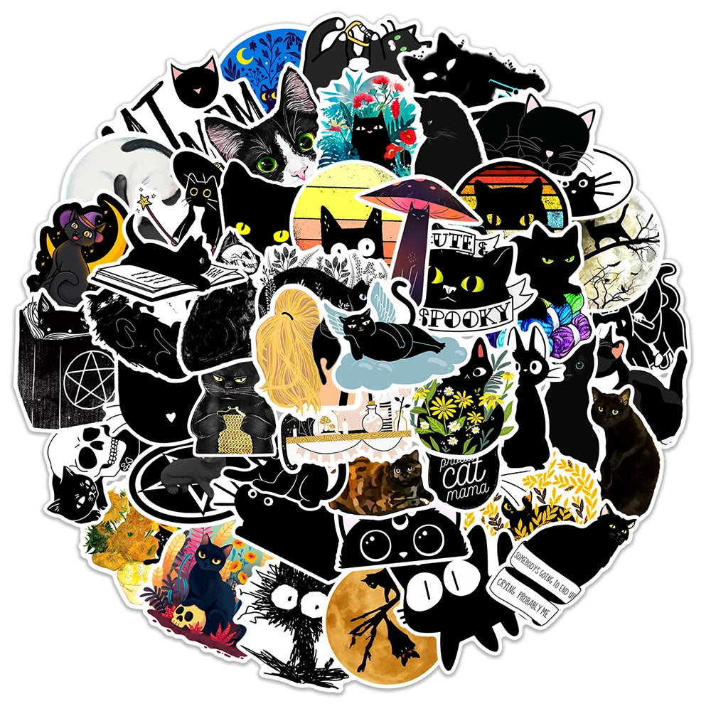 10/30/50/100PCS Cartoon Black Cat Stickers Scrapbook Phone Guitar Laptop Luggage PVC Waterproof Car Sticker Children Classic Toy