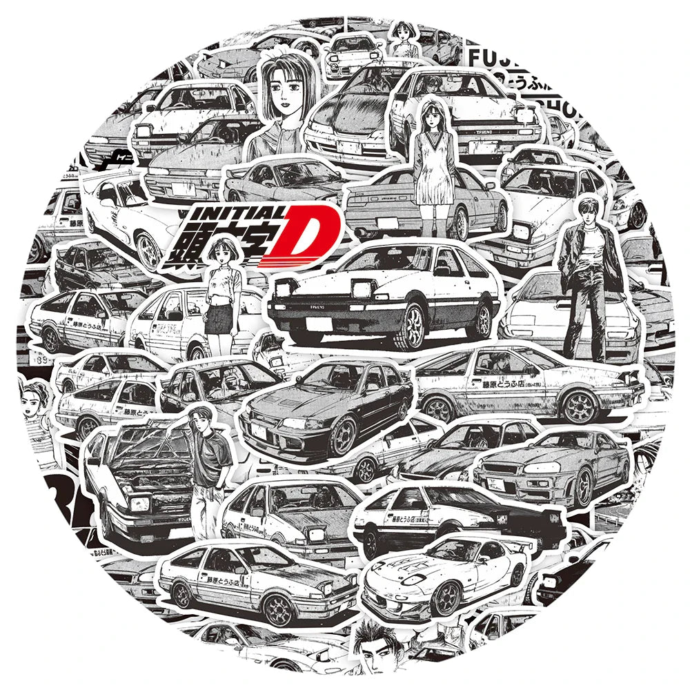 Anime Initial D Stickers Set - Black White Graffiti Decals for Wall, Notebook, Bike