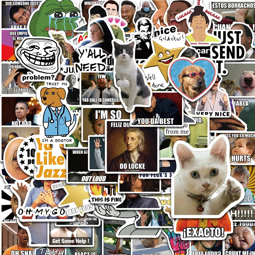 50PCS Funny Cat Meme Stickers for Laptop, Phone, Suitcase, Car, Bottle, Notebook