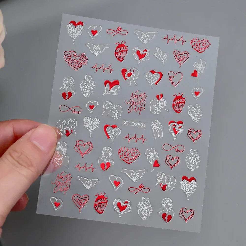Holographic Heart Nail Stickers - 3D Gold White Decals