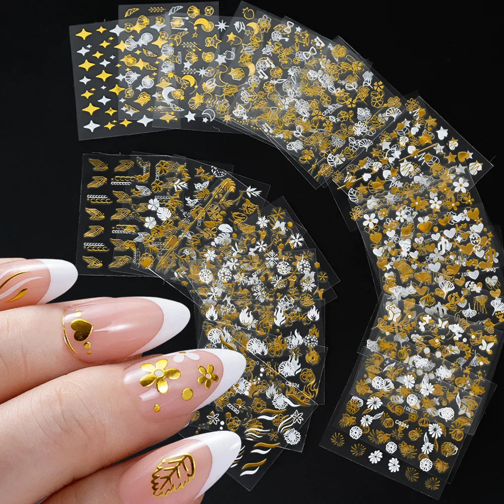 30Pcs Silver/White Nail Stickers: Flowers, Hearts, Stars, Moon