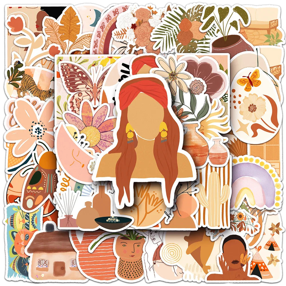 Retro Bohemian Art Stickers: 10/30/50pcs Aesthetic Cartoon Decals for Laptop, Luggage, Phone, Guitar - Waterproof