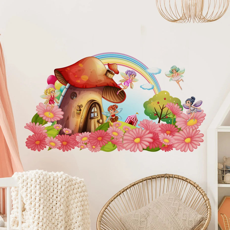 Cute Fairy Mushroom House Wall Stickers for Kids Nursery Decor