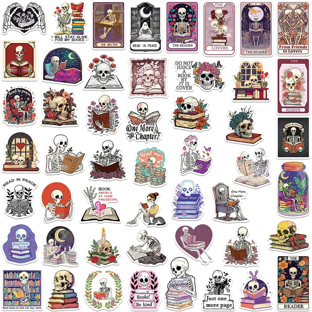 50/100pcs Cartoon Aesthetic Skull Book Death Reader Stickers Waterproof Graffiti For Luggage Guitar Laptop Phone Vinyl Decals