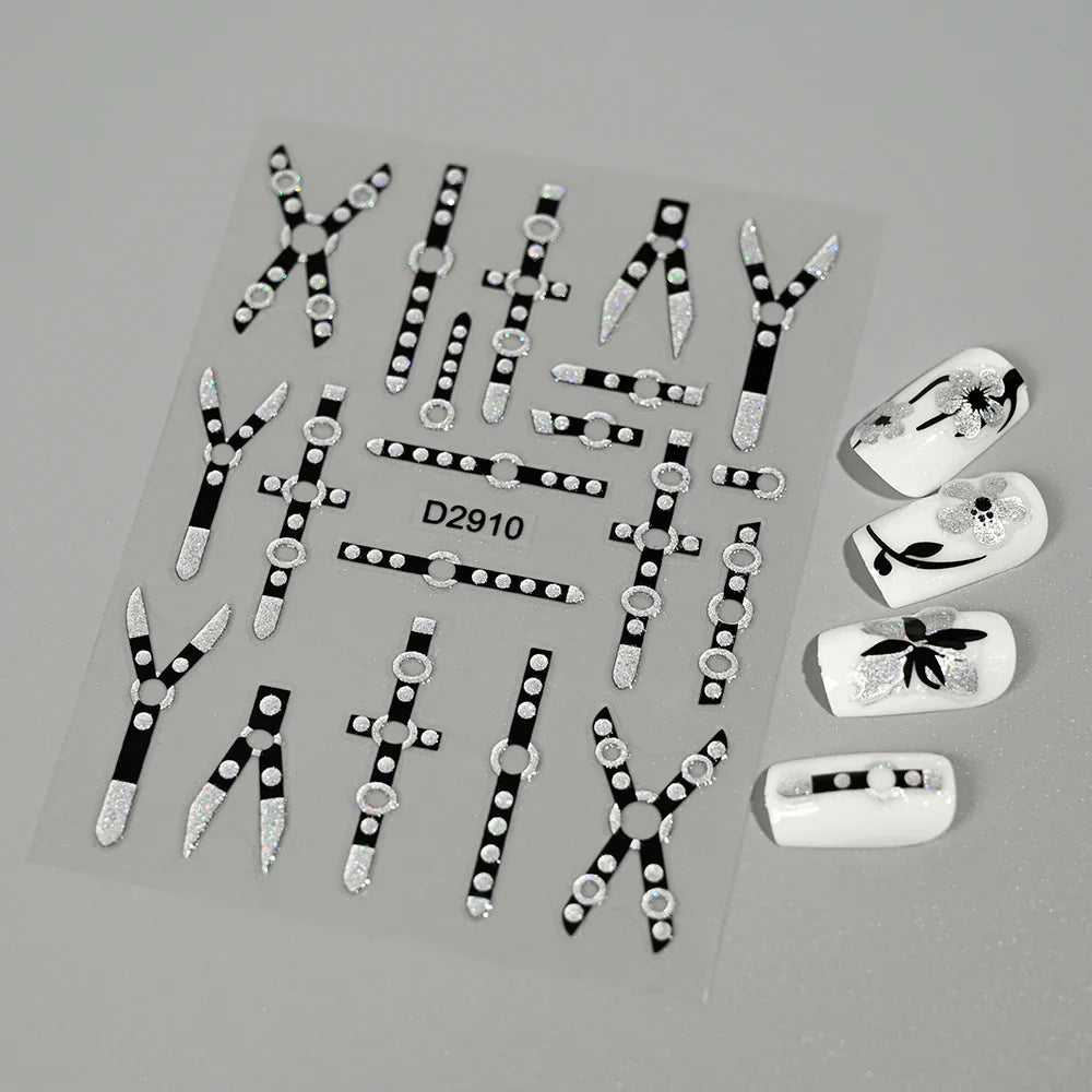 5D Floral Nail Stickers: Glitter Silver Black Blossoms