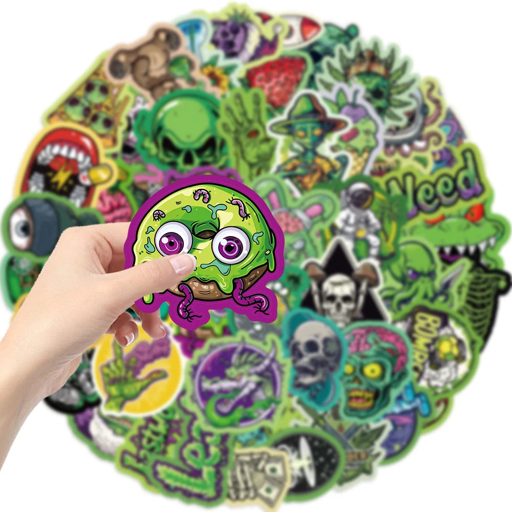 50pcs Green Skull Graffiti Stickers Flower Waterproof DIY For Water Bottle Laptop Phone Skateboard For Adults Teens Sticker