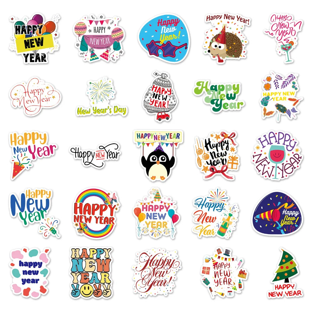 50PCS Cute Happy New Year Stickers DIY Scrapbook Diary Stationery Luggage Decorative Cartoon Sticker Kids Toys