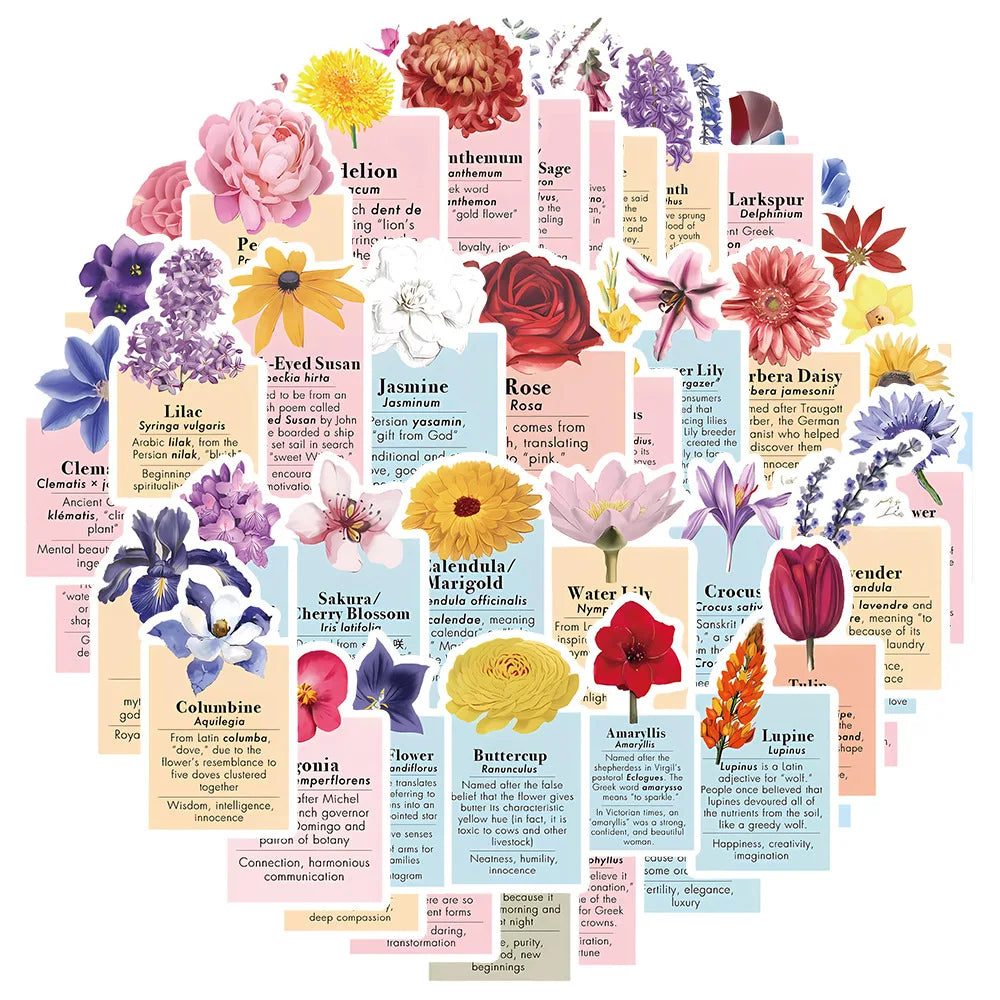 Flower Language Stickers for Suitcase, Skateboard, Laptop, Phone - 10/30/50Pcs Decal Set