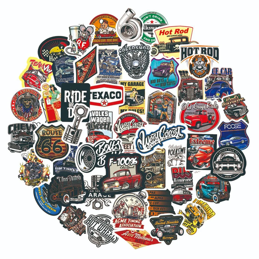 50PCS Retro Car Graffiti Helmet Stickers for Skateboard, Guitar, Phone, Fridge Decoration