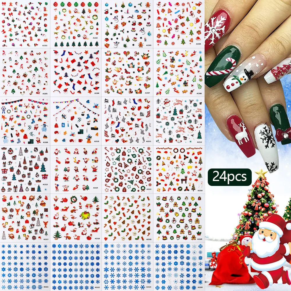 3D Glitter Christmas Nail Stickers: Santa, Snowflake, Tree
