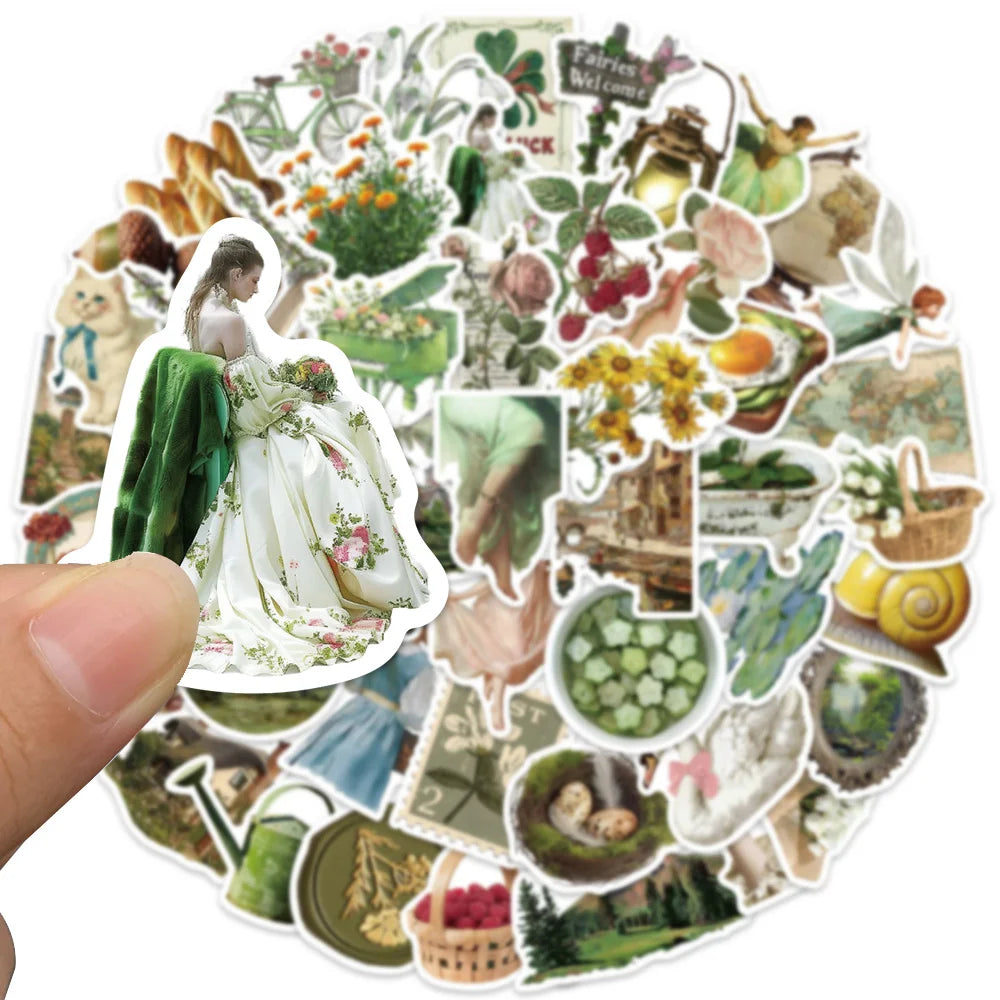 50pcs Ins Style Retro Pastoral Aesthetic Green Art Stickers For Luggage Laptop Guitar Phone Waterproof Vinyl Bicycle Decals