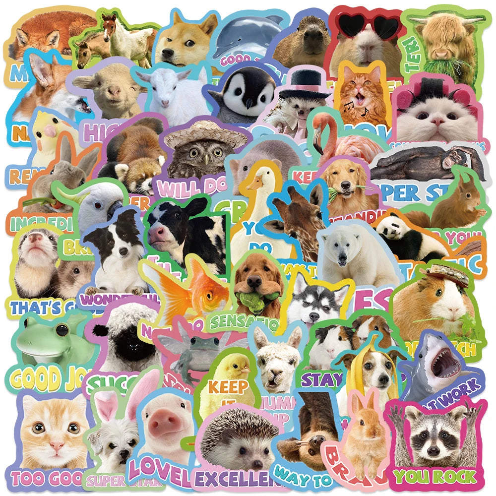 50pcs Funny Animals Motivational Stickers Students Reward Sticker For Luggage Laptop Guitar Phone Waterproof Vinyl Decals