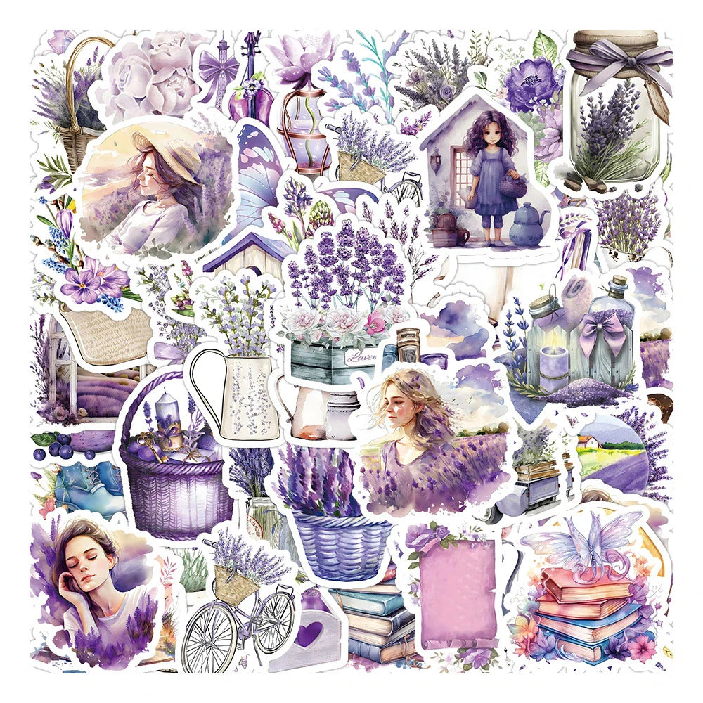 Cute Cartoon Lavender Flower Stickers for Laptop, Phone, Suitcase - 10/30/60pcs Aesthetic Decals