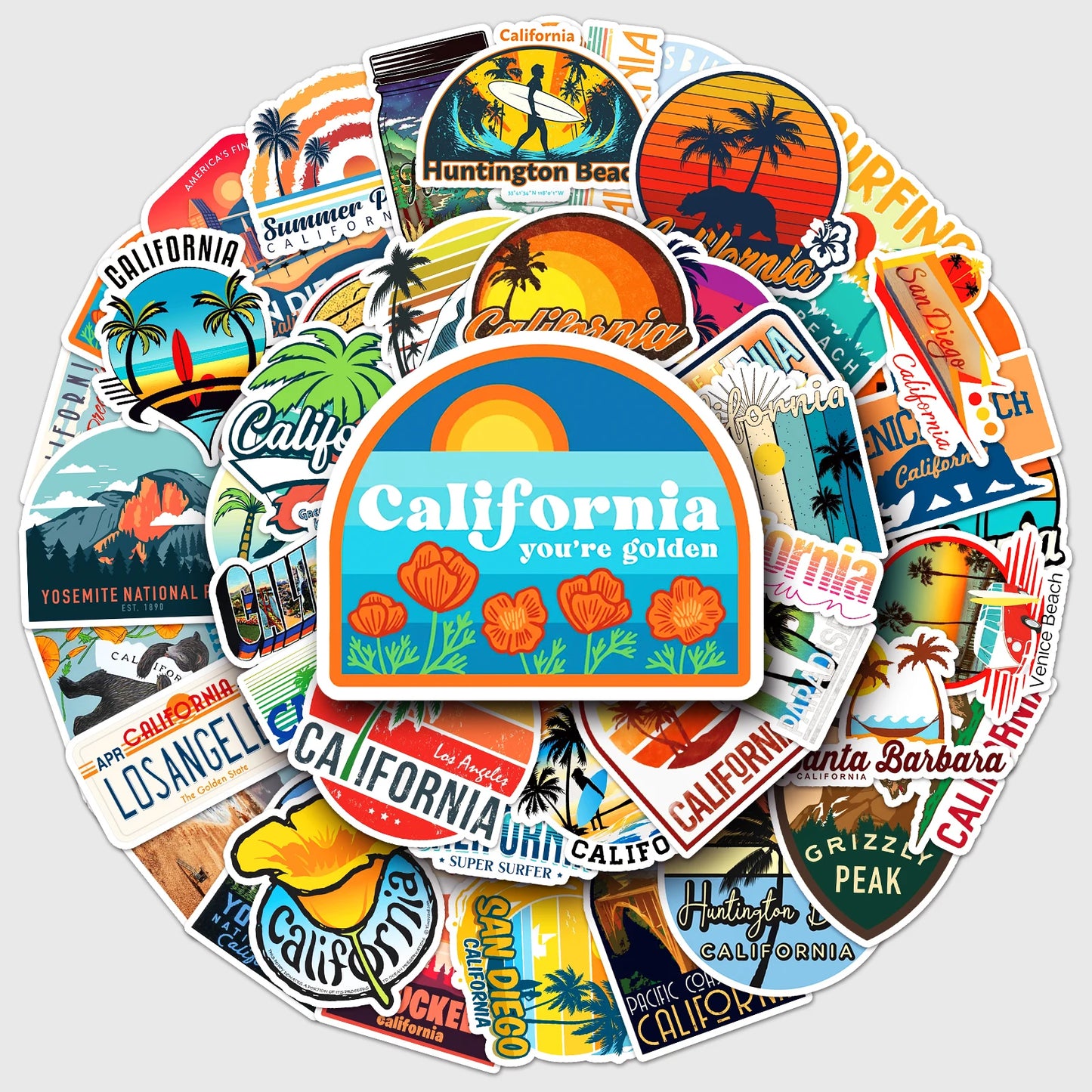 50Pcs California City Cartoon Waterproof Vinyl Stickers for Skateboard Snowboard