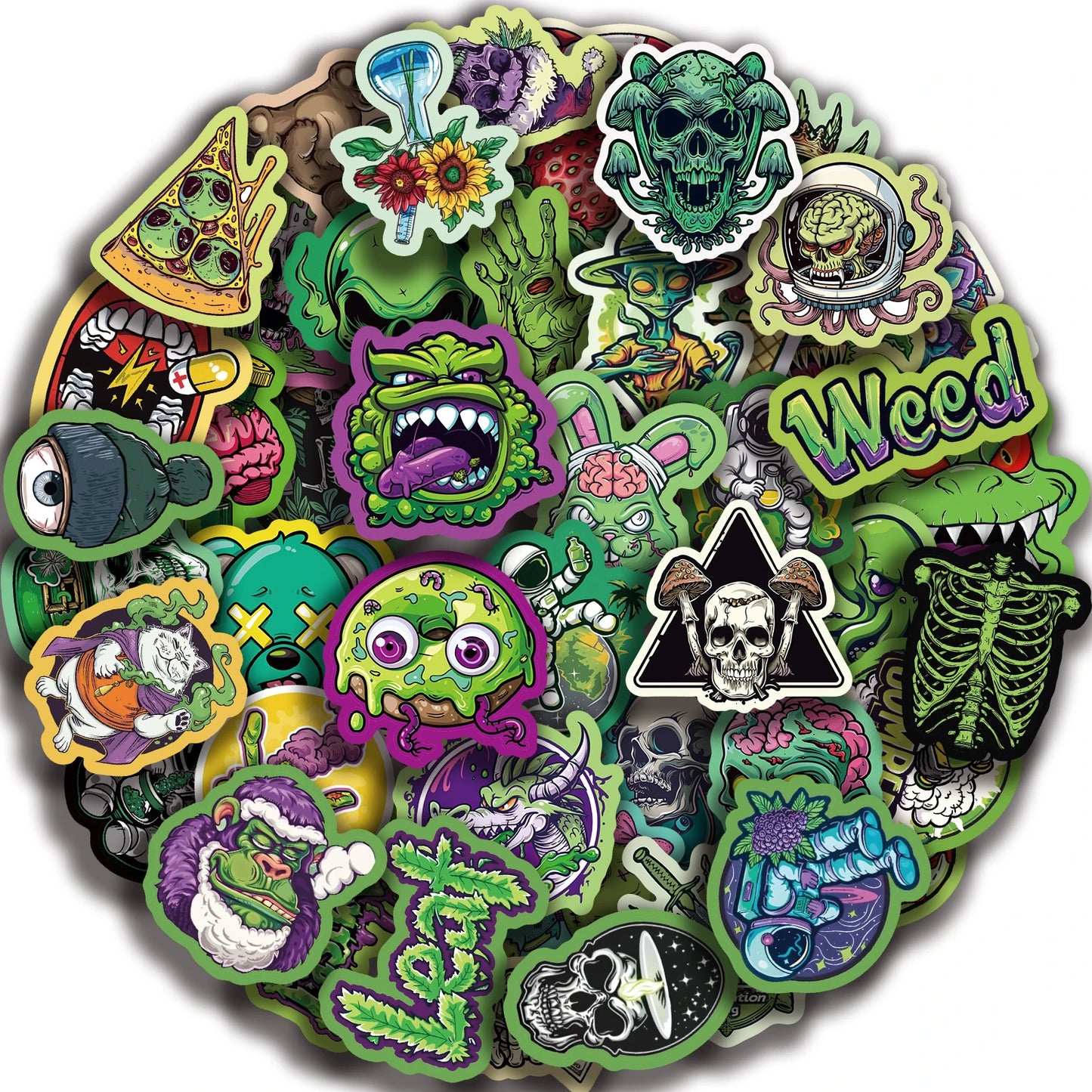 50pcs Green Skull Graffiti Stickers Flower Waterproof DIY For Water Bottle Laptop Phone Skateboard For Adults Teens Sticker
