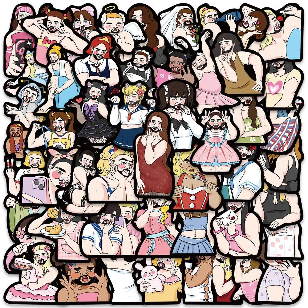 50pcs Funny Bearded Girls Meme Stickers for Luggage, Laptop, Bike, Skateboard - Waterproof Toy Graffiti