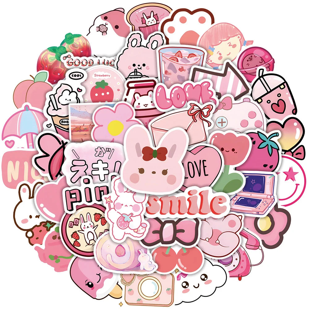 Cute Pink Cartoon Girl Stickers for Laptop, Phone, Luggage, Fridge, Bike, Guitar - 10/30/62pcs
