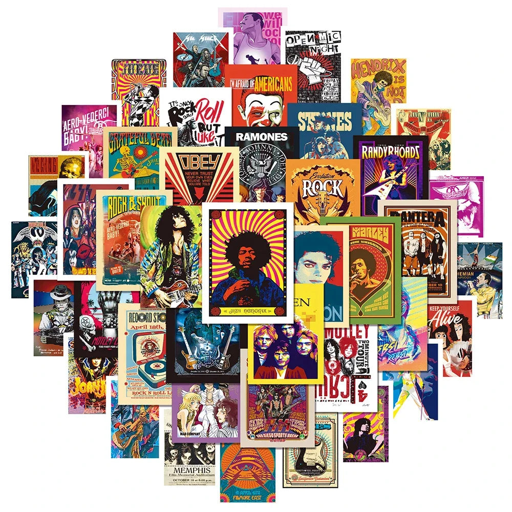 Classic Rock Music Poster Stickers: Guitar, Bass, Suitcase, Skateboard, Phone Decoration
