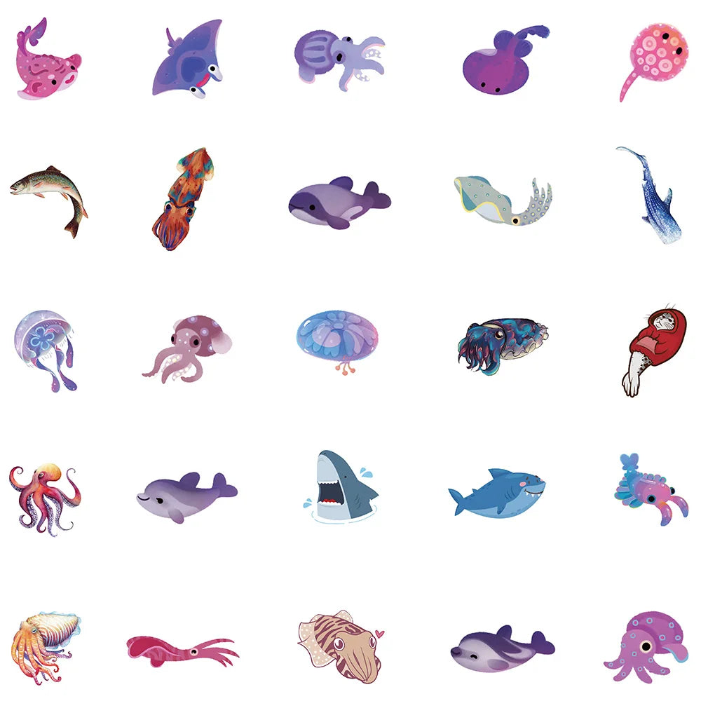 50pcs Cute Cartoon Ocean Series Animals Stickers For Luggage Laptop Guitar Skateboard Decor Waterproof Graffiti Car Decals