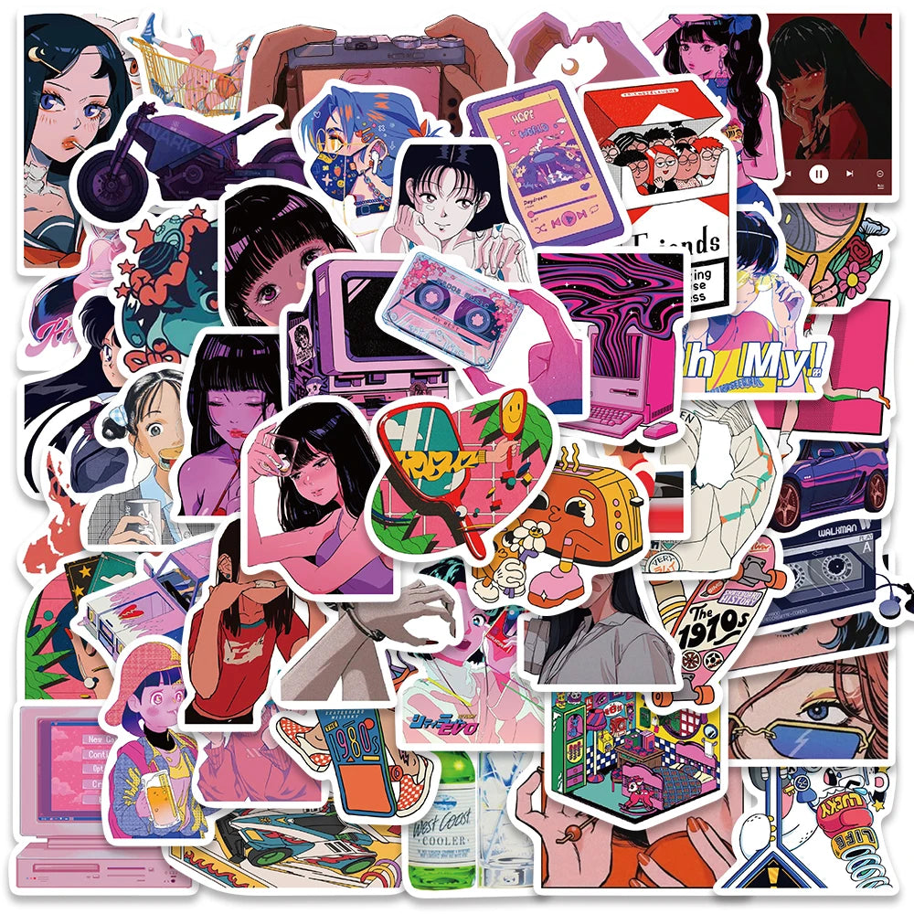 50PCS Vintage City Pop Girl Stickers for Laptop, Motorcycle, Luggage, Skateboard, Kid Decals