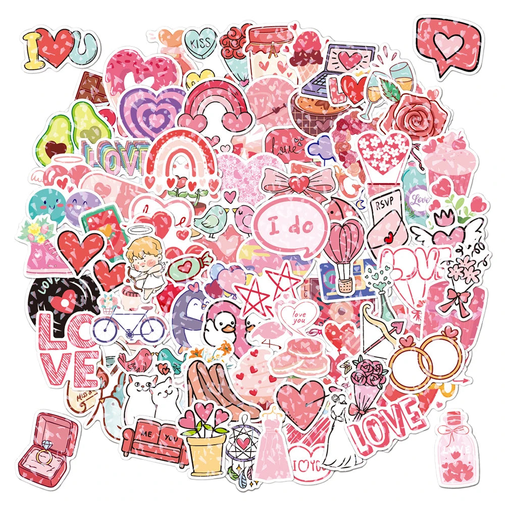 10/30/50/100PCS Valentine's Day Romantic Cartoon Stickers Holographic Laser Decals Graffiti Toy DIY Notebook Phone Gift For Love