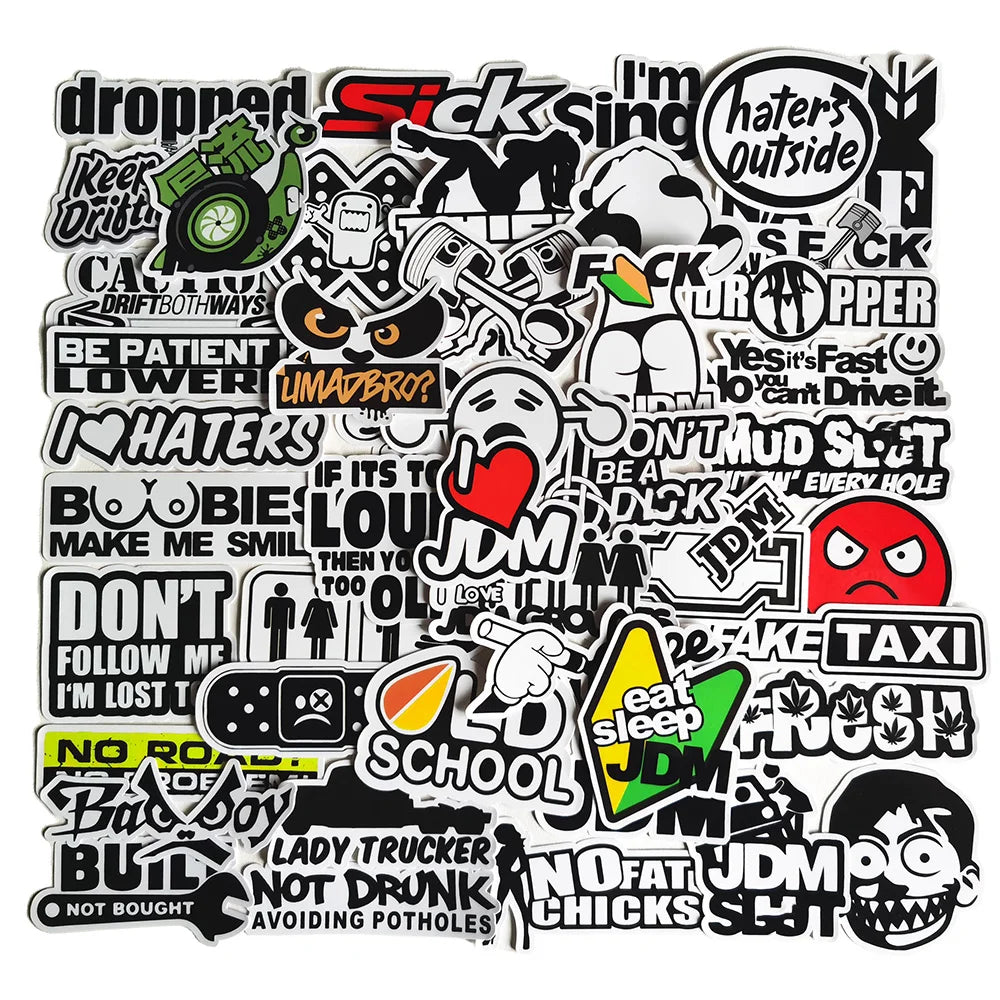 50pcs Funny JDM Styling Stickers Skateboard Luggage Bumper Bike Car Motorcycle Scooter Cool Decals Sticker Bomb Toy Waterproof