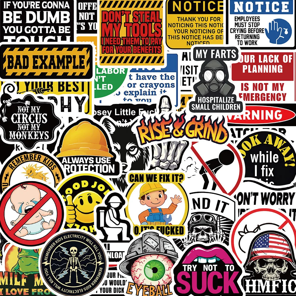 50PCS Hard Hat Stickers Funny Construction Sticker Pack Vinyl Waterproof Tool Box Electrician Worker Helmet Decors